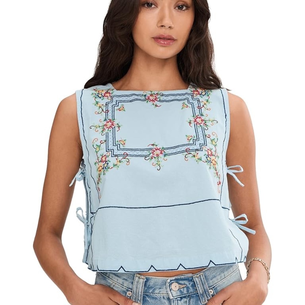 Free People Garden Wall Embroidered Square Neck Sleeveless Top Blue (Size XS)